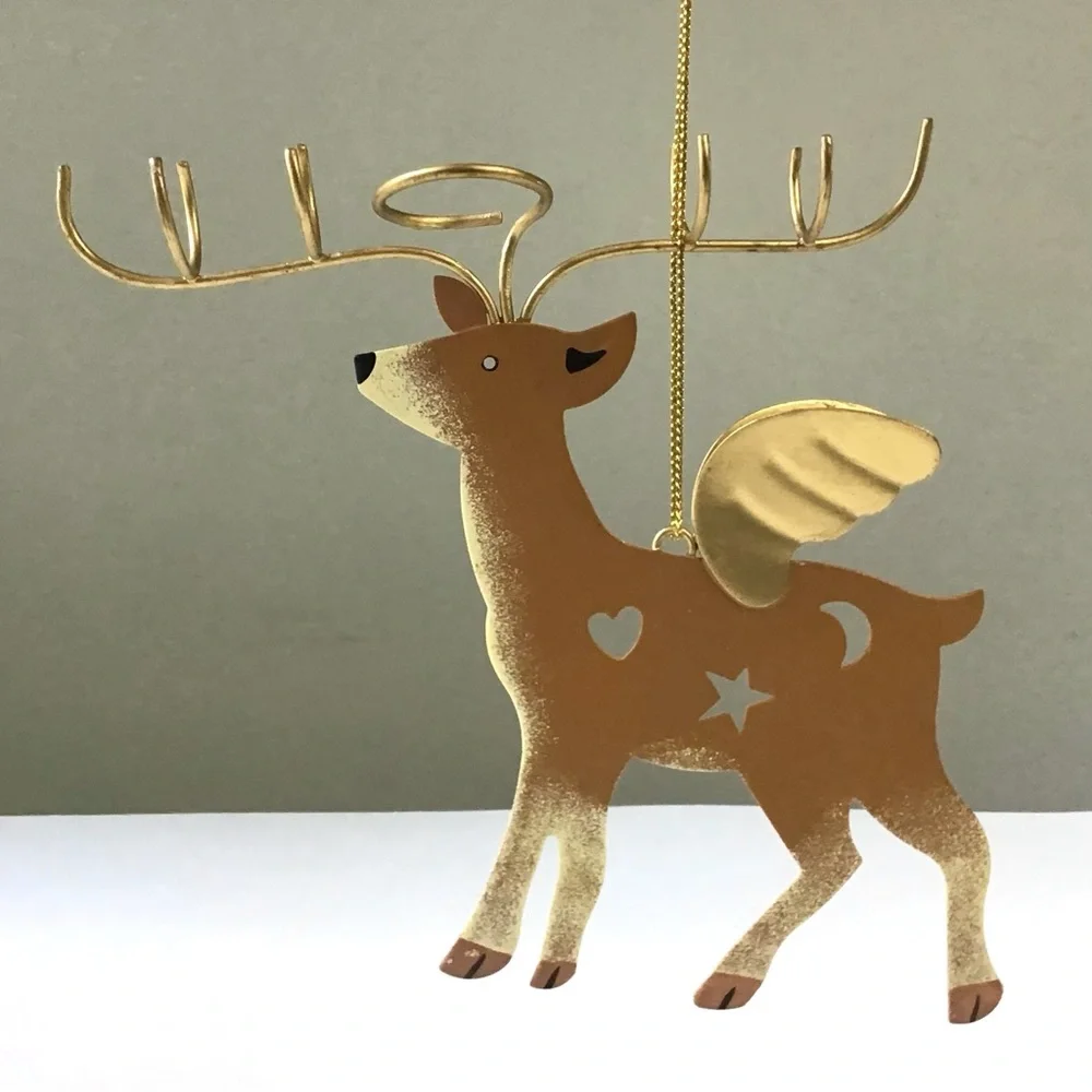 Reindeer Christmas Ornament Gold Wings Cut-Outs Whimsical Folk Art Rustic Deer